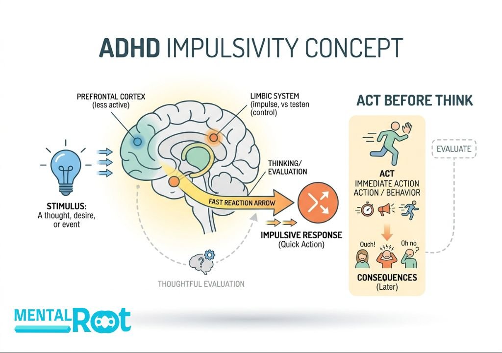 ADHD impulsivity explained with simple brain and reaction flow