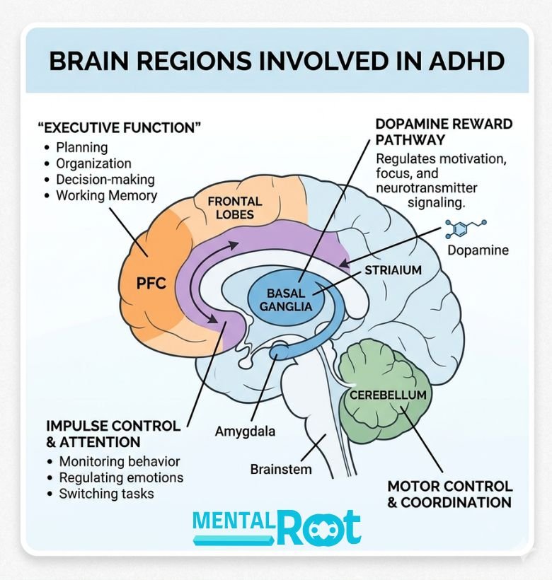 Brain regions responsible for ADHD impulsivity and decision-making